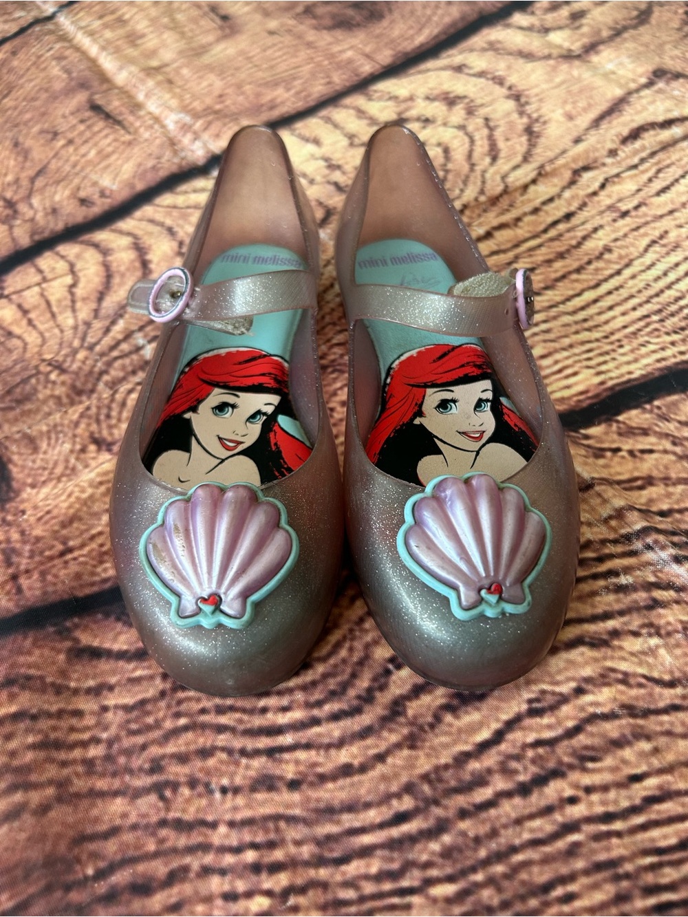 Mini Melissa Rose Gold Glitter Mary Janes with Ariel Shell Accent